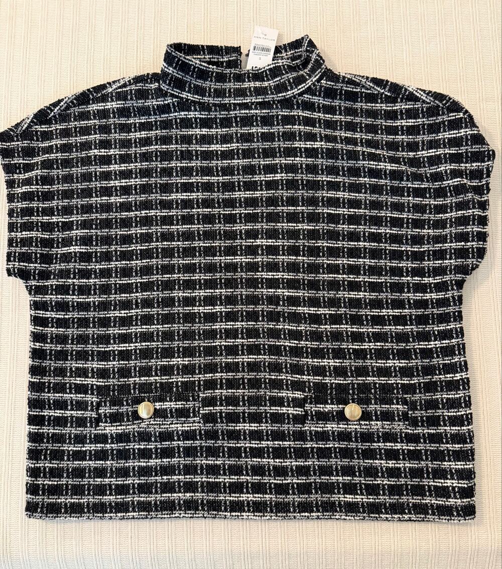 Ann Taylor Black White Plaid Tweed Mock Neck Top S NWT